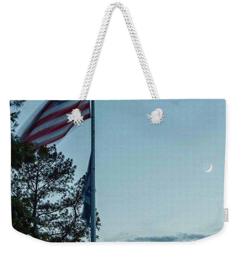 2010 Weekender Tote Bag featuring the photograph Moon and Venus with Flag by Greg Booher