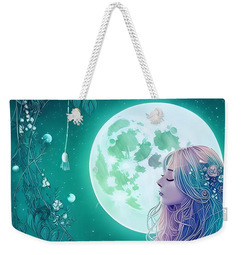 Digital Weekender Tote Bag featuring the digital art Moon Behind Pretty Girl by Beverly Read