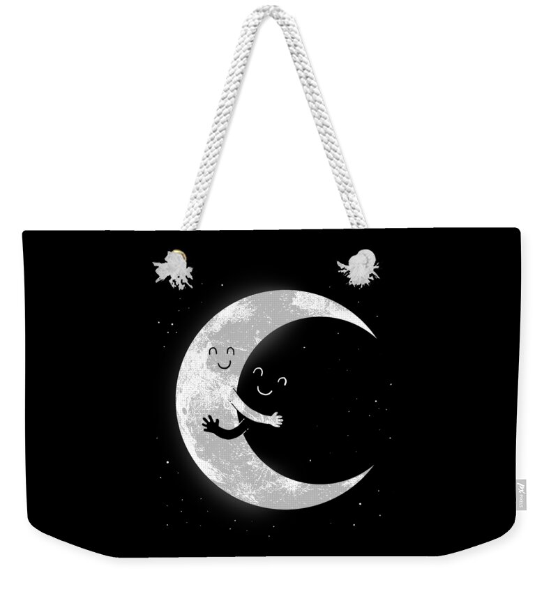Moon Hug Space Smile Humor Cartoon Stars Silhouette Black And White Bw Hug Love Weekender Tote Bag featuring the digital art Moon Hug by Digital Carbine