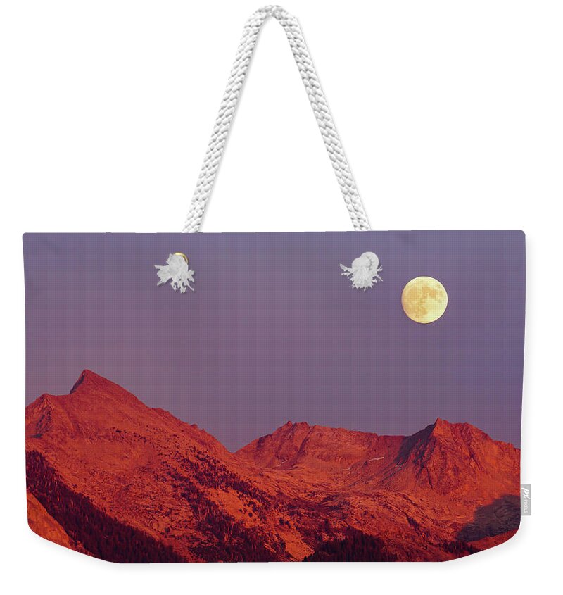 Moon Weekender Tote Bag featuring the photograph Moon Over Alpenglow by Brett Harvey