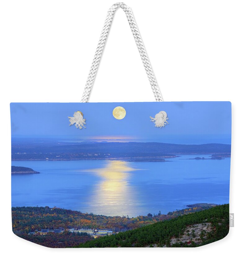 Acadia Weekender Tote Bag featuring the photograph Moon over Bar Harbor 6083 by Greg Hartford