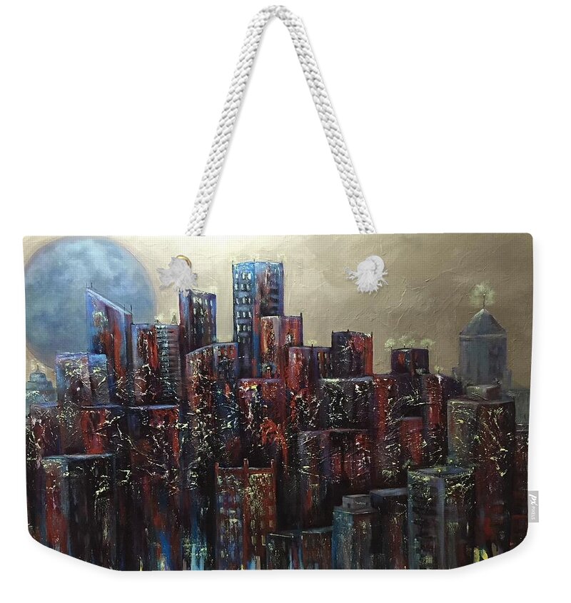 Cityscape Weekender Tote Bag featuring the painting Moon over Miami by Barbara Landry
