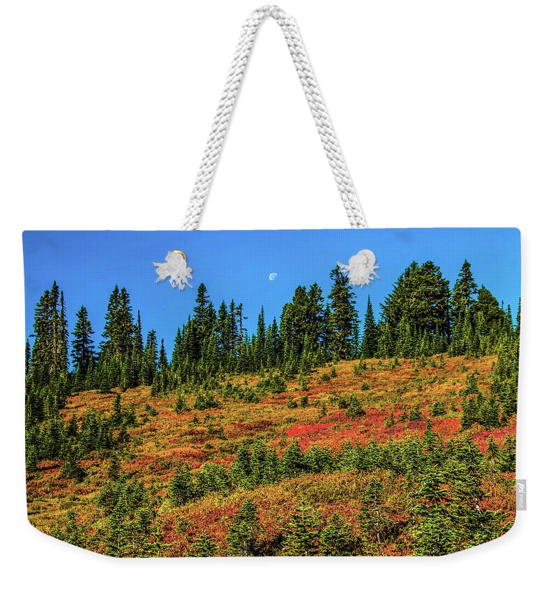 Mount Rainier National Park Weekender Tote Bag featuring the photograph Moon Over Paradise by Doug Scrima