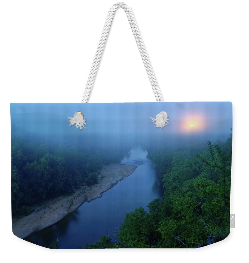 2010 Weekender Tote Bag featuring the photograph Moon setting over the Current River by Robert Charity