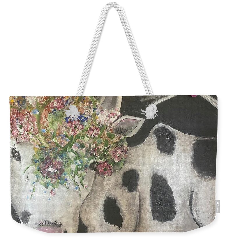 Cow Weekender Tote Bag featuring the painting Moona Lisa by Kathy Bee