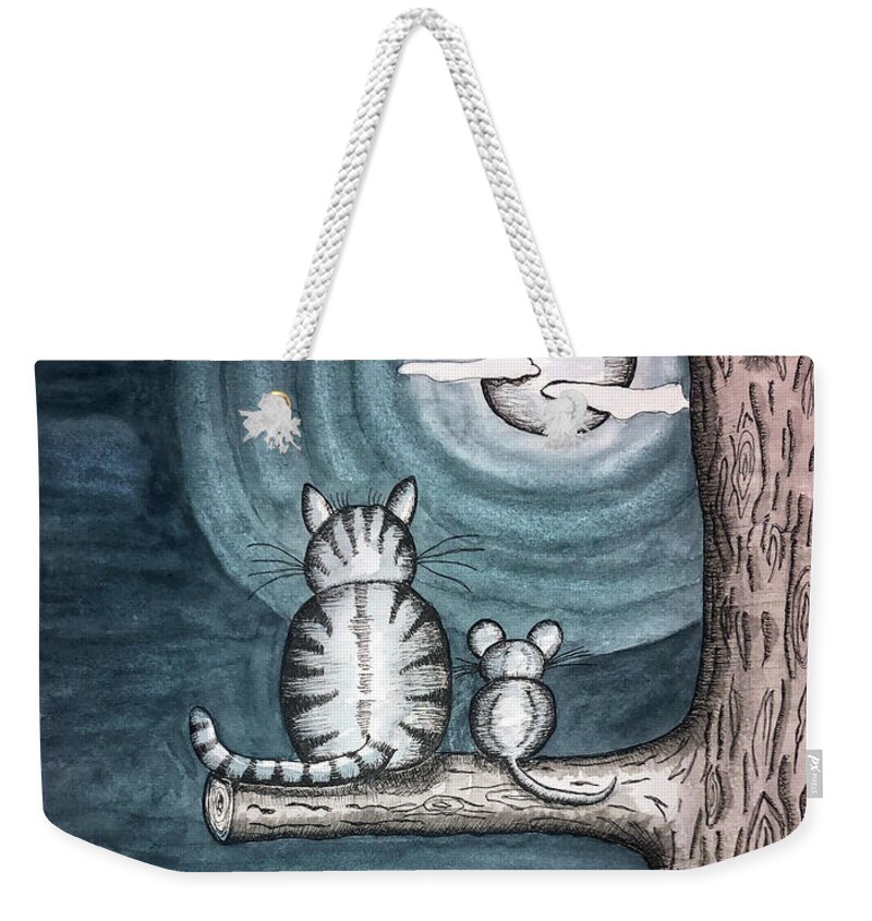 Landscape Weekender Tote Bag featuring the painting Moonlight Cat and Mouse by Christina Wedberg
