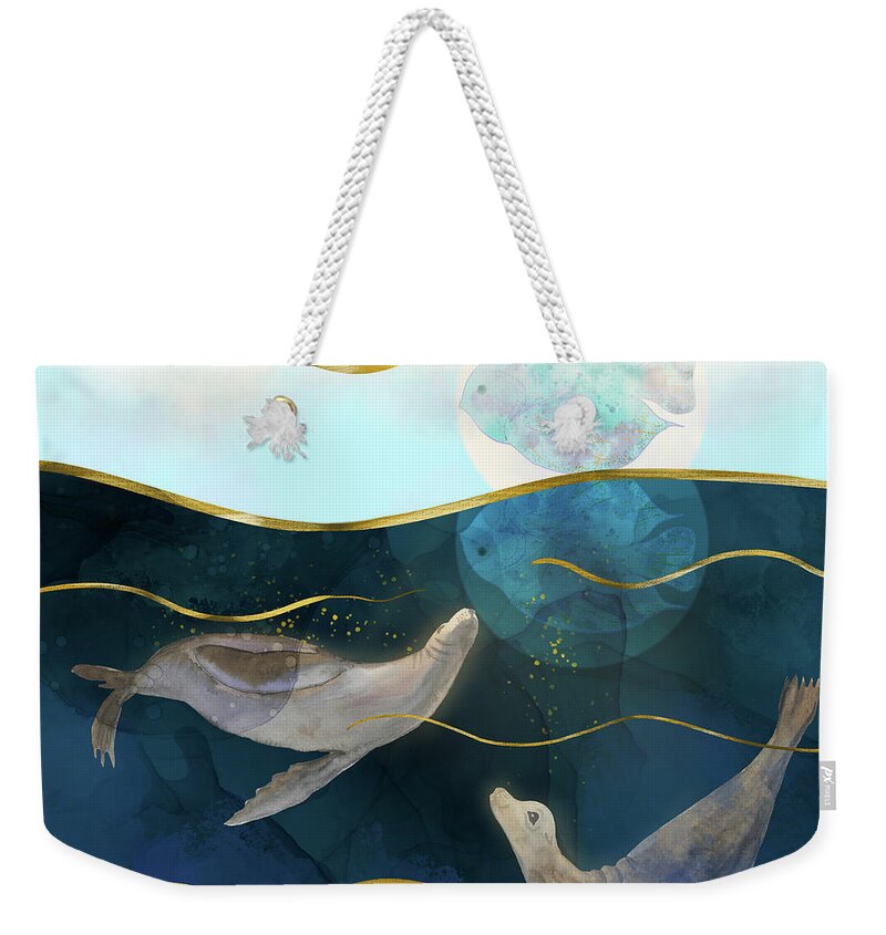 Global Warming Weekender Tote Bag featuring the digital art Moonlight Mirage - Sea Lions Dream by Andreea Dumez