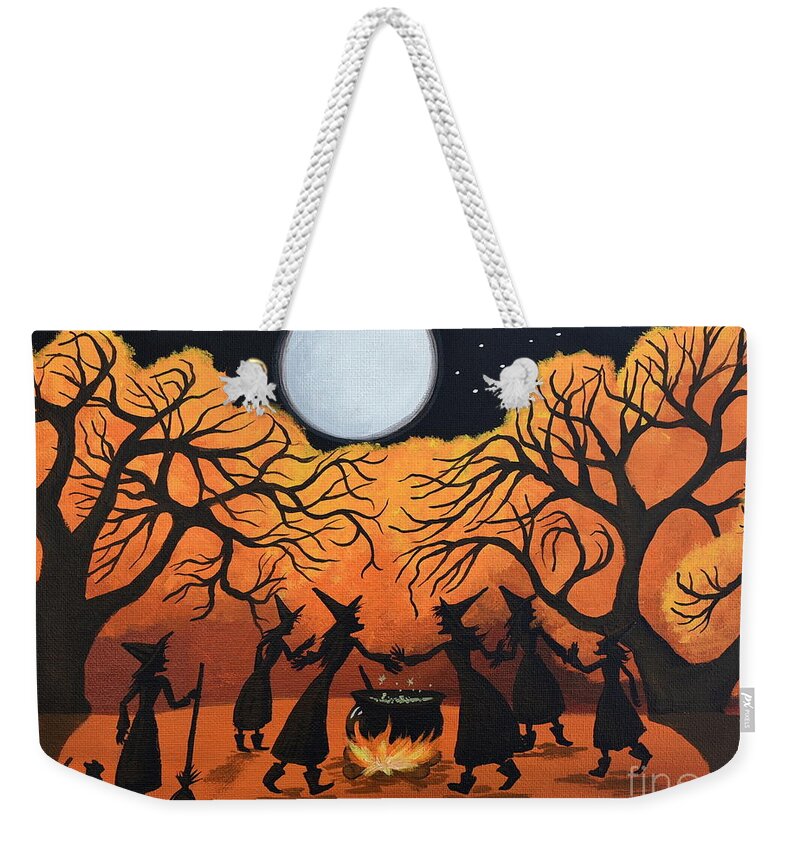 Witch Weekender Tote Bag featuring the painting Moonlight Ritual  witch cat spell by Debbie Criswell