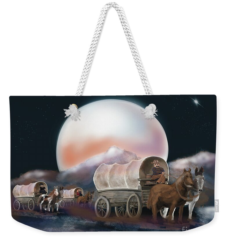Horses Weekender Tote Bag featuring the digital art Moonlight Wagon Train by Doug Gist