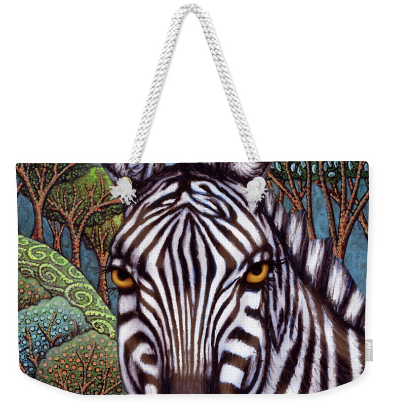 Zebra Weekender Tote Bag featuring the painting Moonlit Zebra Mission by Amy E Fraser
