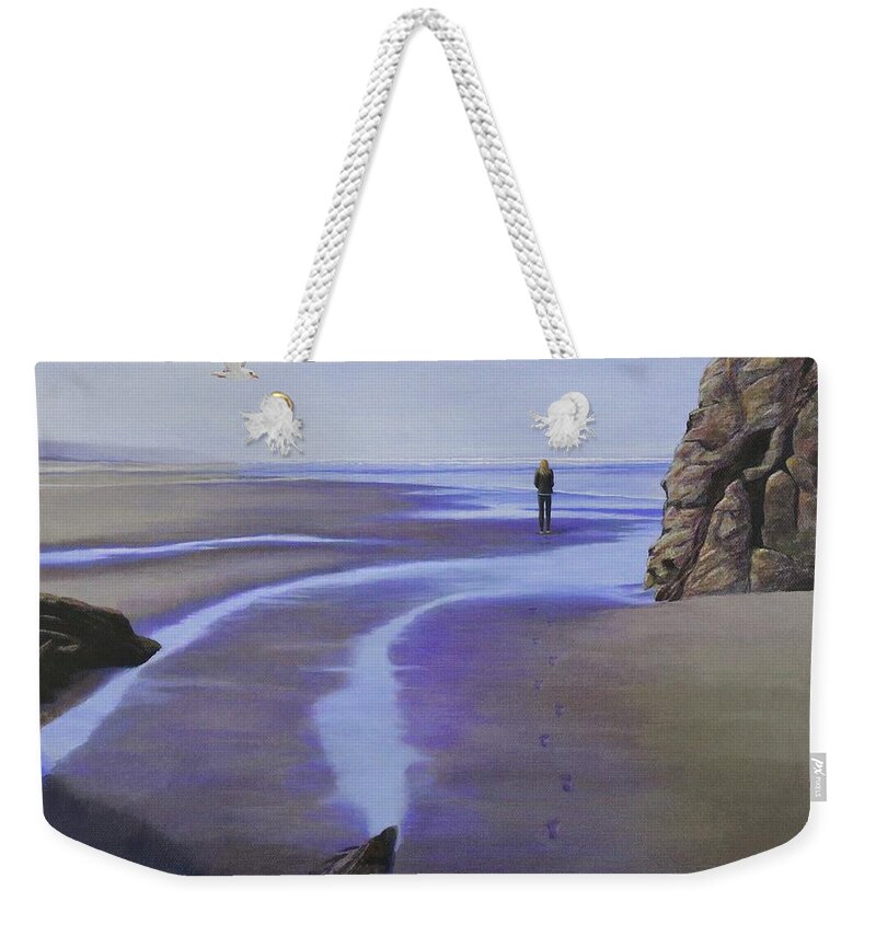 Kim Mcclinton Weekender Tote Bag featuring the painting Low Tide on Moonstone Beach by Kim McClinton