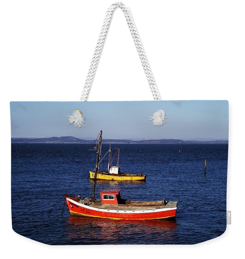 Morecambe; Morecambe Bay; Fishing Boats; Seaside; Coastal; Weekender Tote Bag featuring the photograph MORECAMBE. Fishing Boats by The Jetty. by Lachlan Main