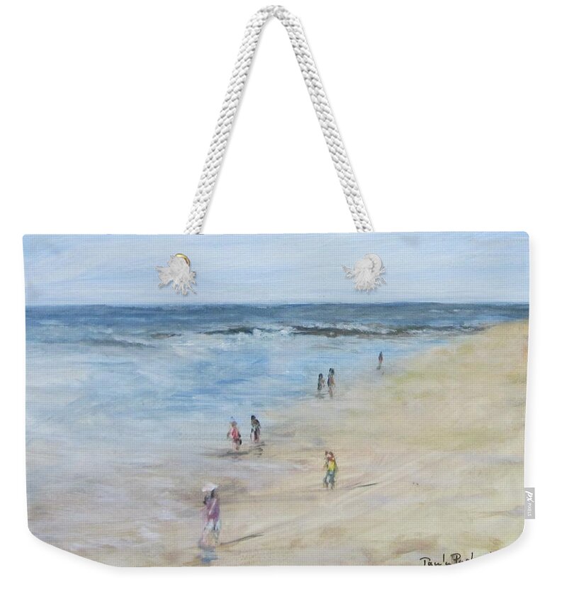 Painting Weekender Tote Bag featuring the painting Morning Beach Crowd by Paula Pagliughi