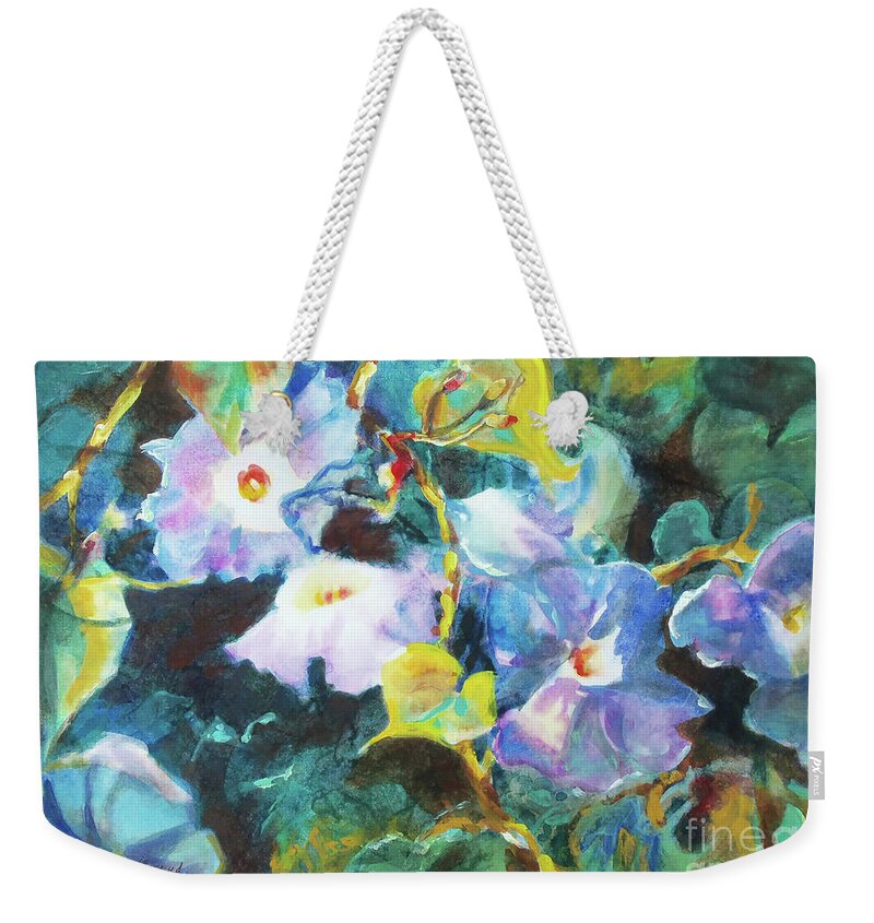 Color Weekender Tote Bag featuring the painting Morning Glories by Kathy Braud