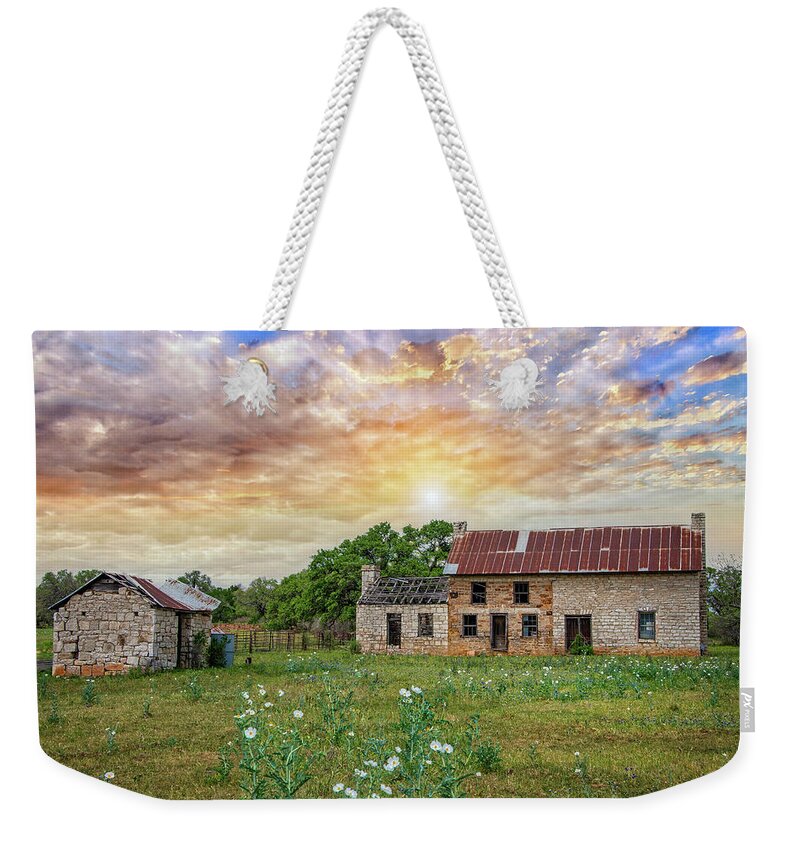 Texas Hill Country Weekender Tote Bag featuring the photograph Morning Glory at the Bluebonnet House by Lynn Bauer