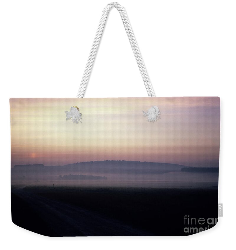 80025126 Weekender Tote Bag featuring the photograph Morning Mist on Salisbury Plain by Patrick G Haynes