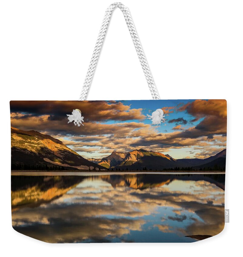 Beautiful Lake Reflection Weekender Tote Bag featuring the photograph Morning Mountain Reflections Canada by Dan Sproul
