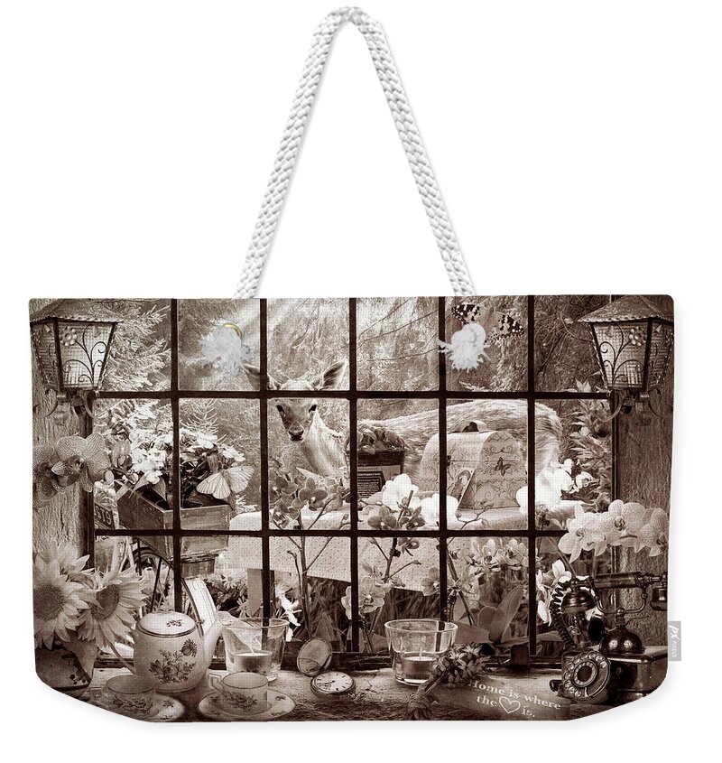Spring Weekender Tote Bag featuring the photograph Morning Visitor in Vintage Sepia by Debra and Dave Vanderlaan