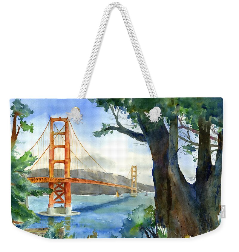 Golden Gate Bridge Weekender Tote Bag featuring the painting Mornings on the Bay by Joan Chlarson