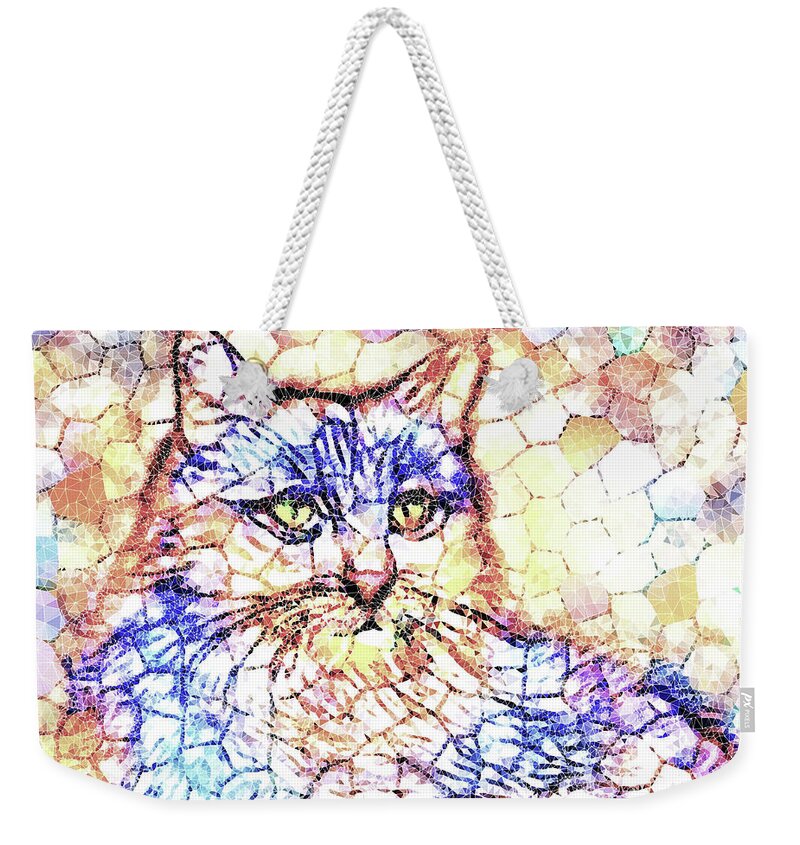 Cat Weekender Tote Bag featuring the digital art Mosaic Cat 670 by Lucie Dumas