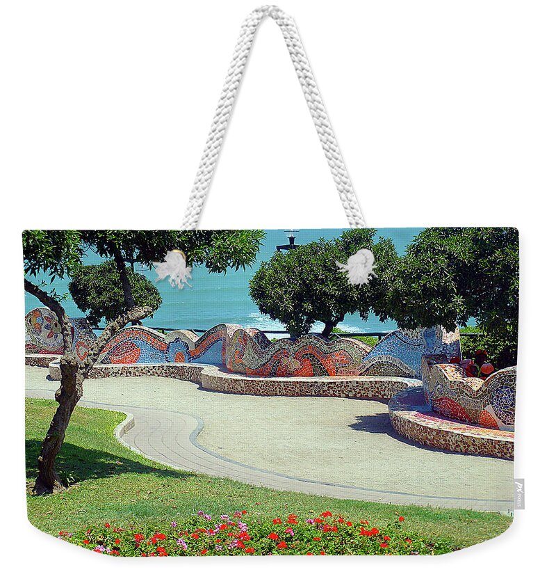 Parque Del Amor Weekender Tote Bag featuring the photograph Mosaic Wall By The Sea, Lima Peru by Karen Zuk Rosenblatt