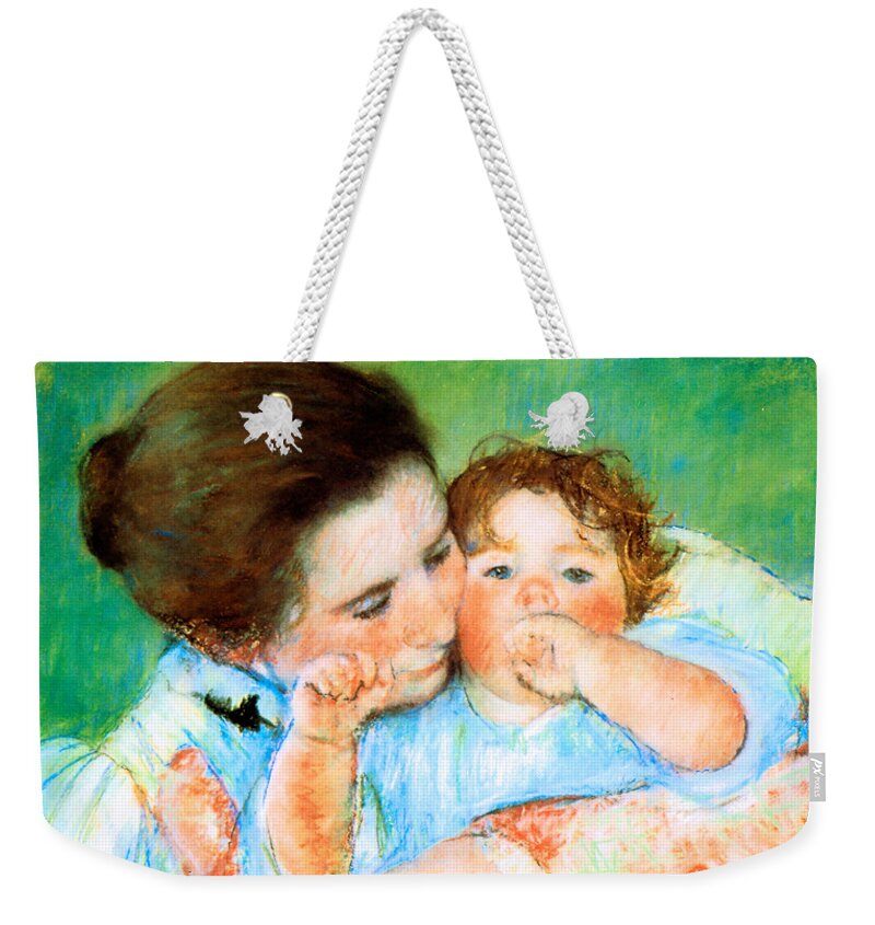 Marycassatt Weekender Tote Bag featuring the painting Mother and Child against a Green Background 1887 by Mary Stevenson Cassatt