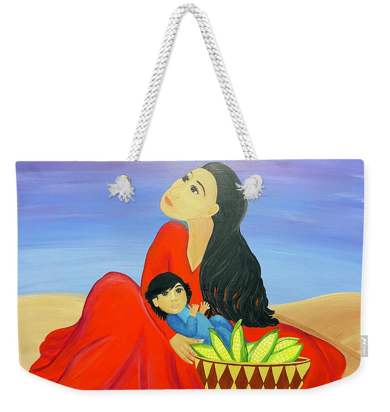 Southwestern Art Weekender Tote Bag featuring the painting Mother and Corn by Christina Wedberg