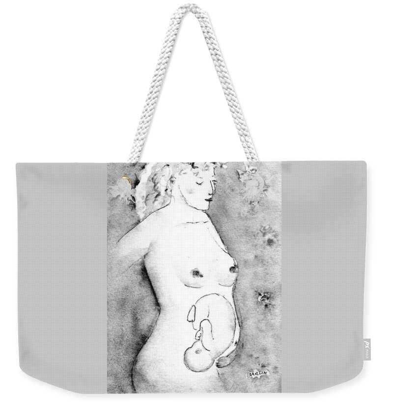 Pregnant Weekender Tote Bag featuring the painting Mother and Fetus Black and White by Carlin Blahnik CarlinArtWatercolor