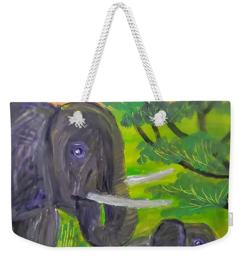 Animals Weekender Tote Bag featuring the painting Mother Elephant and Calf by Andrew Blitman
