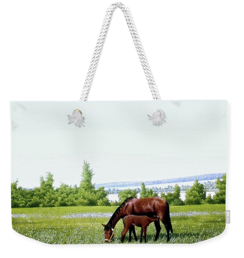 Horses Weekender Tote Bag featuring the painting Mother raising little Junior by Conrad Mieschke