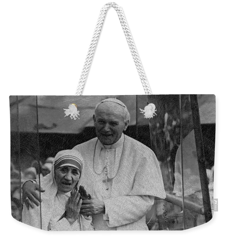 Mother Teresa Weekender Tote Bag featuring the painting Mother Teresa Pope John Paul by Tony Rubino