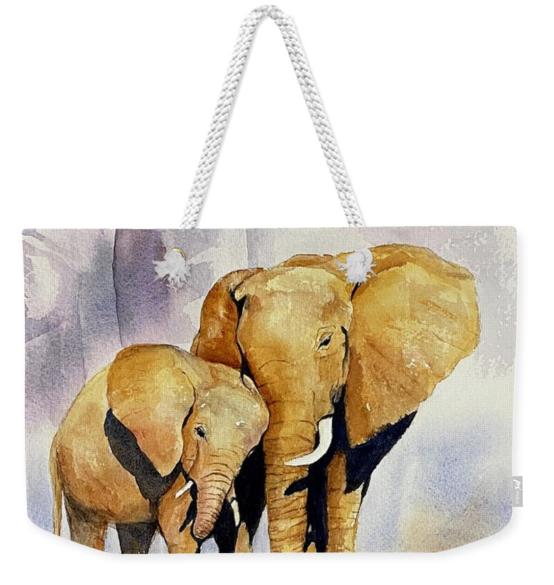 Elephant Weekender Tote Bag featuring the painting Motherly Love Elephants by Hilda Vandergriff