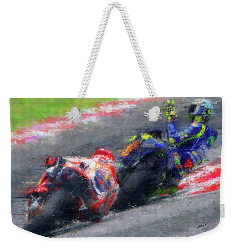 Motorcycle Weekender Tote Bag featuring the painting MOTO GP Rossi vs Marquez by Vart by Vart