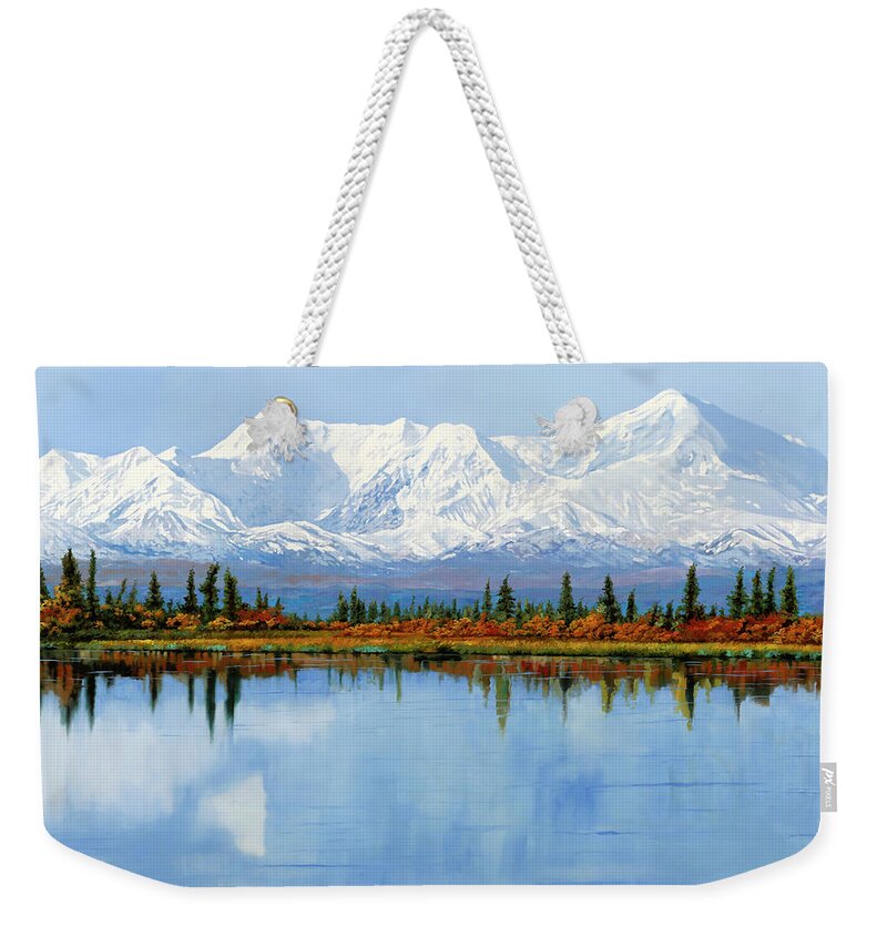 Alaska Weekender Tote Bag featuring the painting mount Denali in Alaska by Guido Borelli
