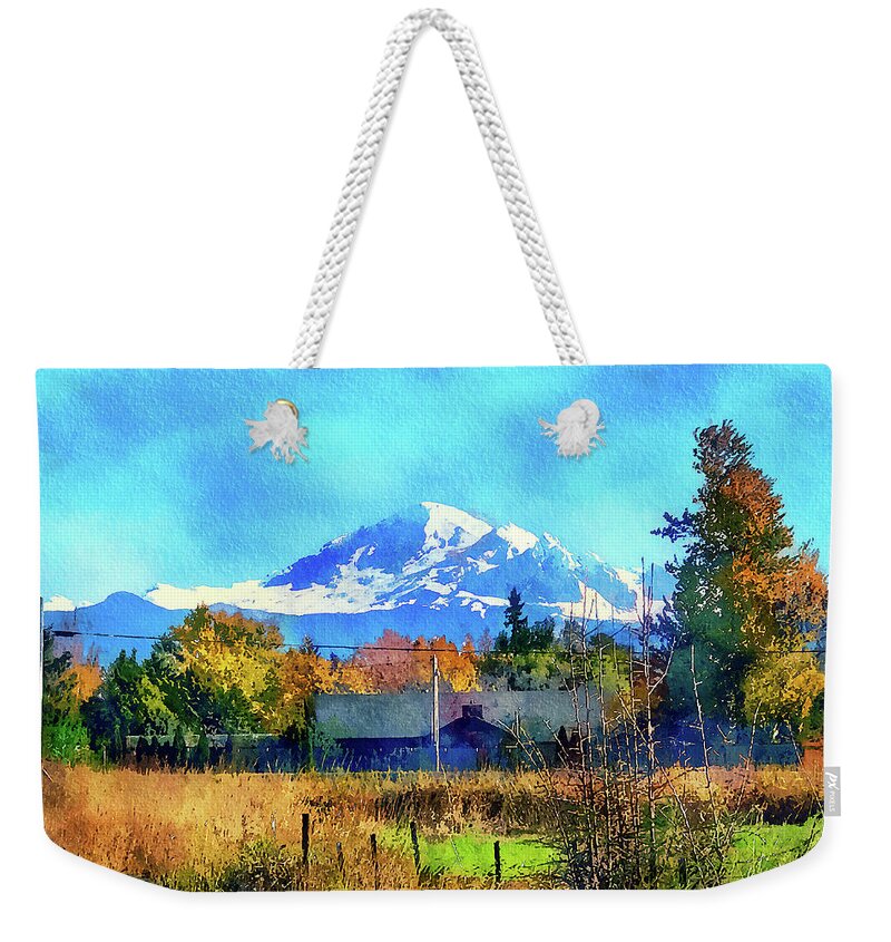 Mount Hood Weekender Tote Bag featuring the mixed media Mount Hood Washington State Painting by Tatiana Travelways