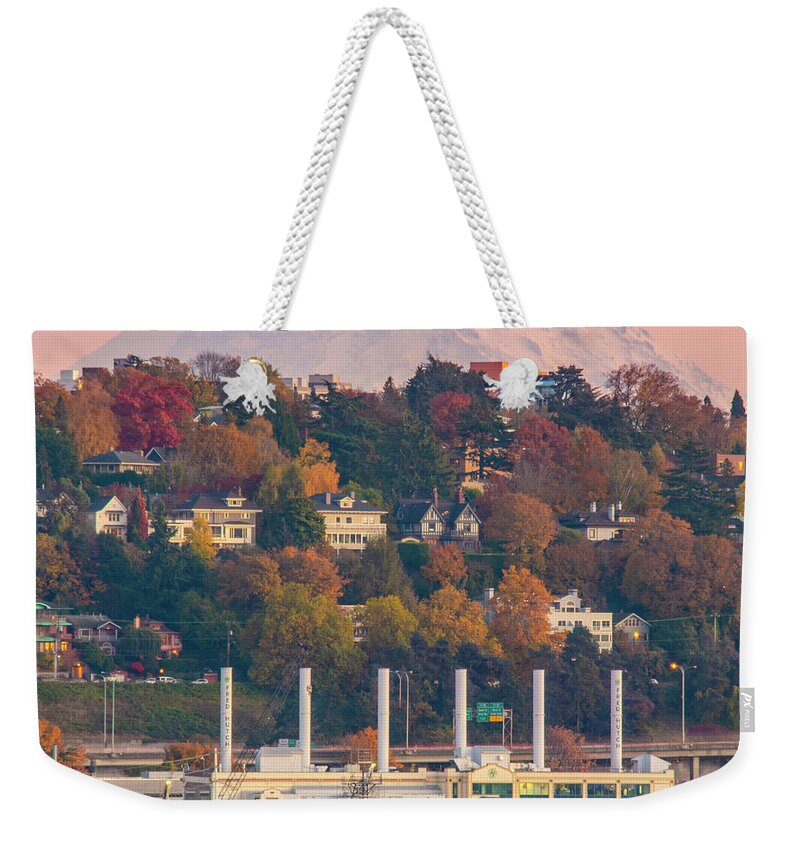 Mount Rainier Weekender Tote Bag featuring the photograph Mount Rainier Rising Above Fall Colors In Seattle by Matt McDonald
