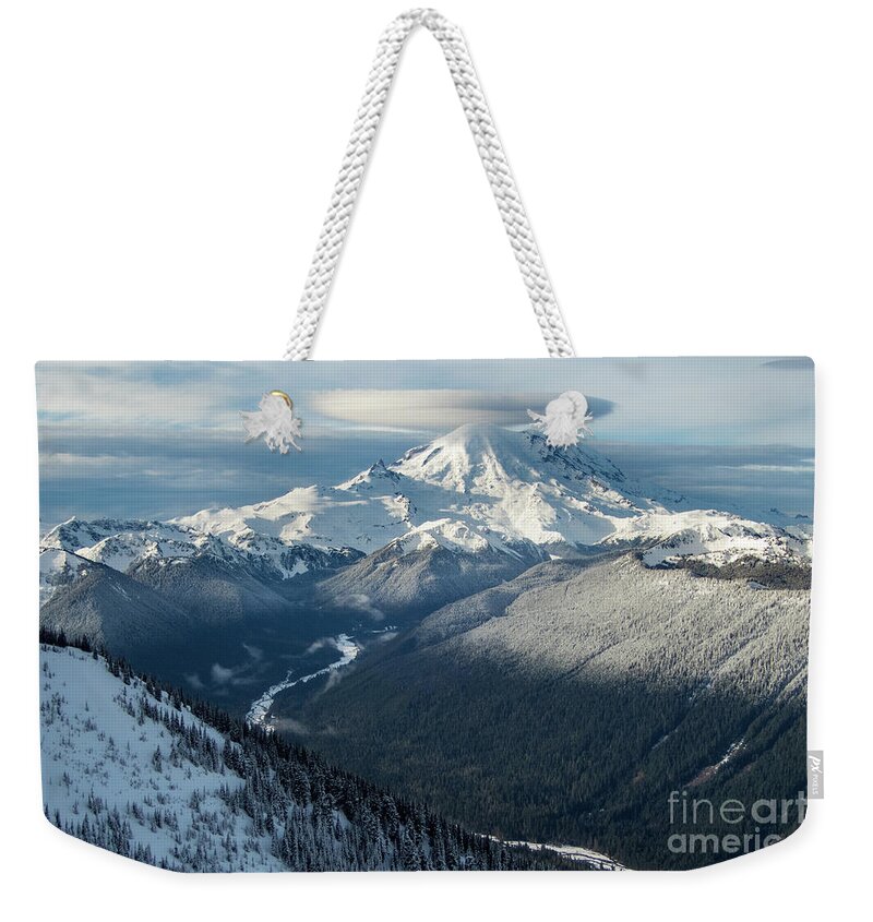 Mount Rainier Weekender Tote Bag featuring the photograph Mount Rainier with Lenticular Cloud and White River Valley by Nancy Gleason