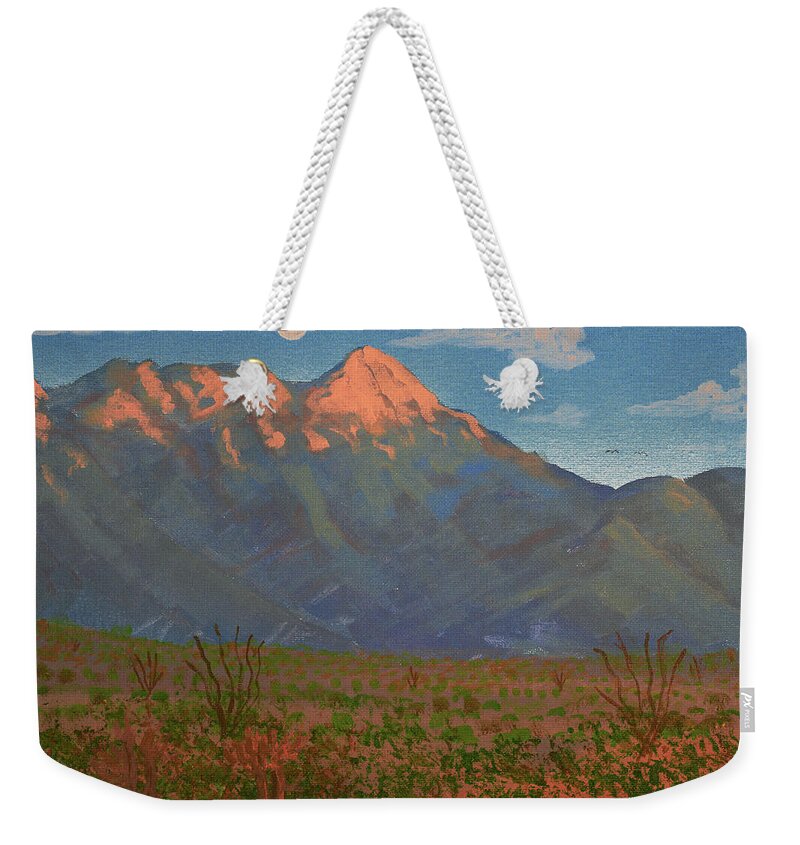 Arizona Weekender Tote Bag featuring the painting Mount Wrightson Moon, Green Valley AZ by Chance Kafka