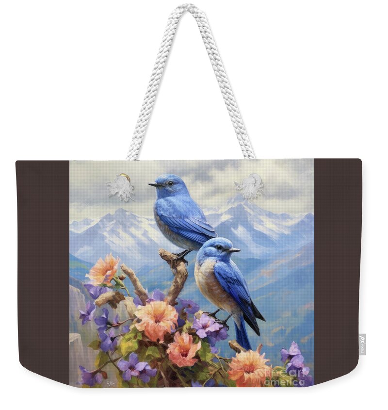 Mountain Bluebirds Weekender Tote Bag featuring the painting Mountain Bluebirds by Tina LeCour