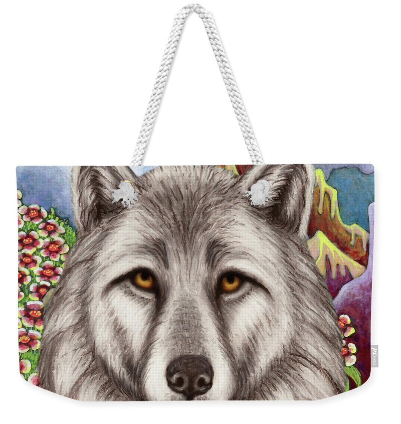Wolf Weekender Tote Bag featuring the painting Mountain Meadow Wolf by Amy E Fraser