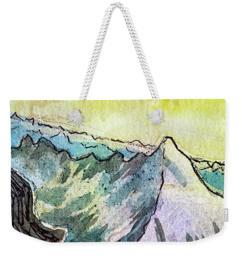 Mountain Weekender Tote Bag featuring the painting Mountain summit by Tilly Strauss