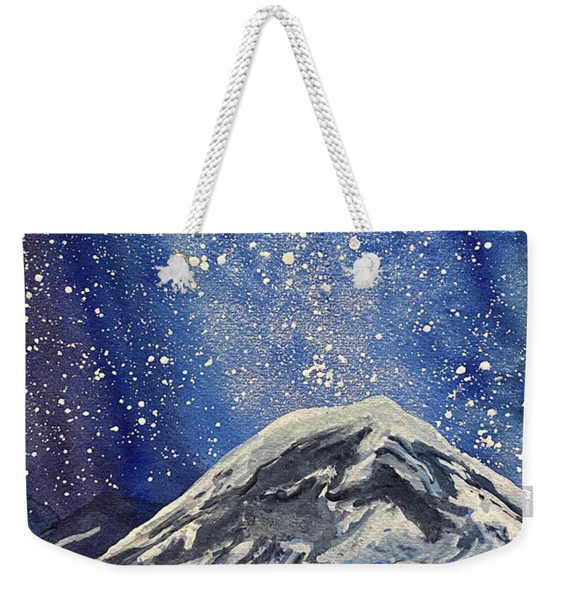 Mount Rainier Weekender Tote Bag featuring the painting Mountain with Night Sky by Lisa Neuman