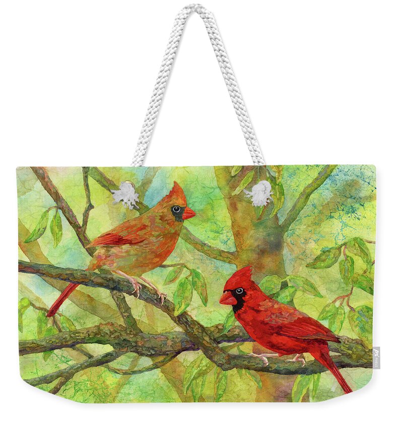 Cardinal Weekender Tote Bag featuring the painting Mr. and Mrs. Cardinal by Hailey E Herrera