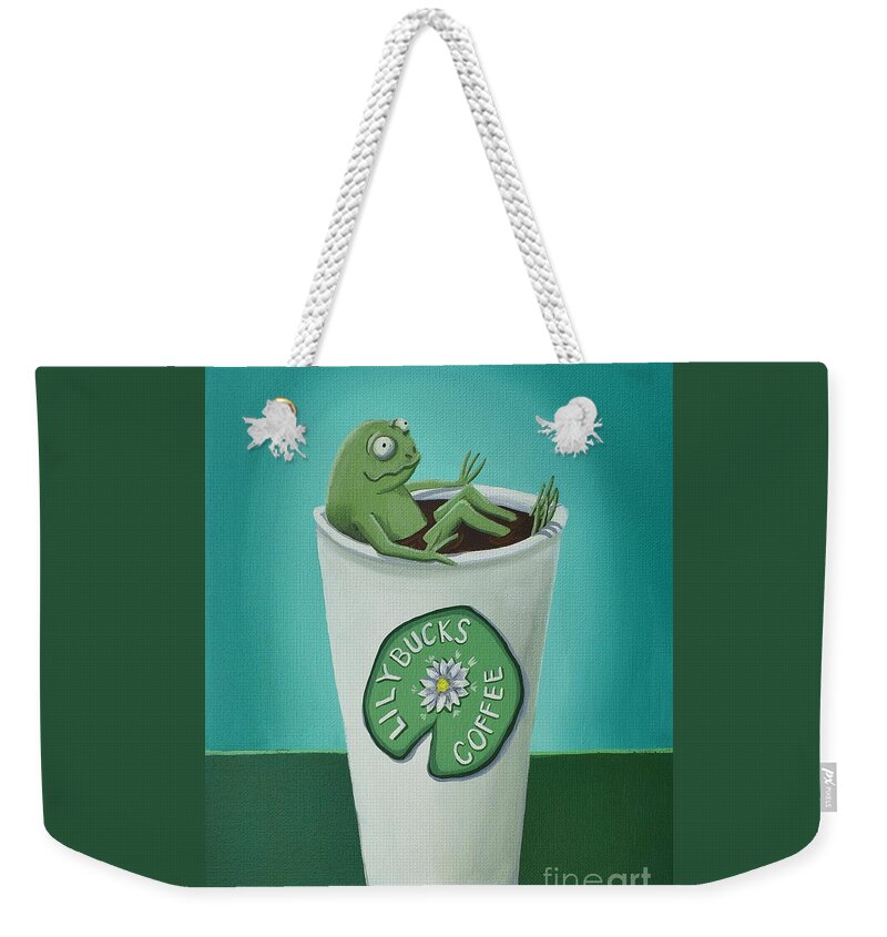 Frog Weekender Tote Bag featuring the painting Mr. Coffee frog by Debbie Criswell