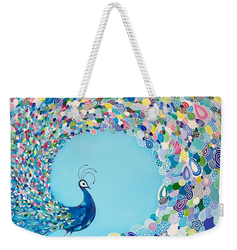 Blues Weekender Tote Bag featuring the painting Mr. Peacock by Beth Ann Scott