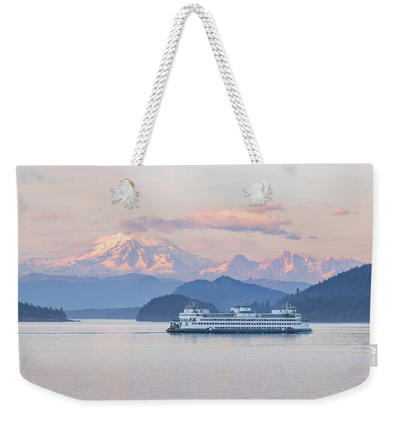 Mount Baker Weekender Tote Bag featuring the photograph Mt. Baker Ferry Sunset by Michael Rauwolf