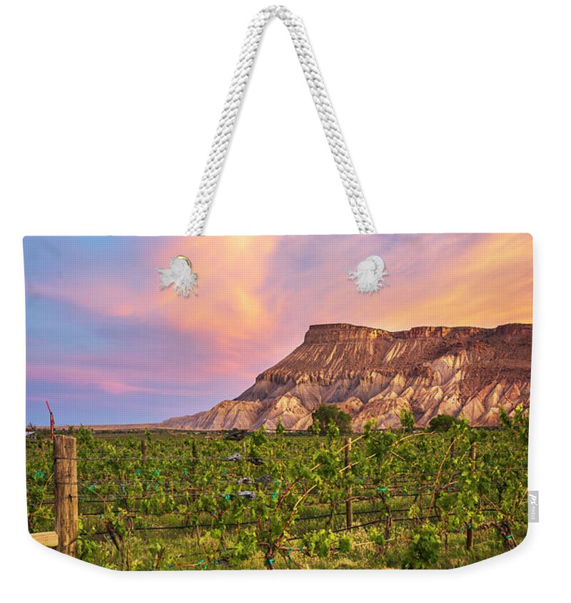 Mt Garfield Weekender Tote Bag featuring the photograph Mt Garfield and the Palisade Vineyards by Ronda Kimbrow