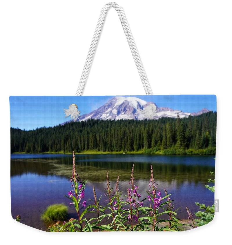 Mt Rainier Weekender Tote Bag featuring the photograph Mt Rainier Reflected with Flowers by Peter Mooyman