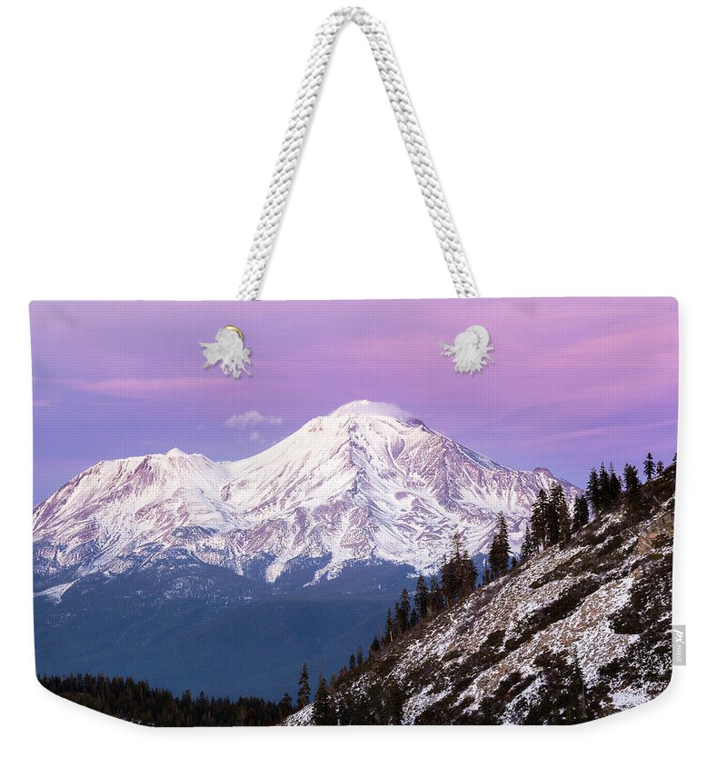 California Weekender Tote Bag featuring the photograph Mt. Shasta in Pink by Gary Geddes