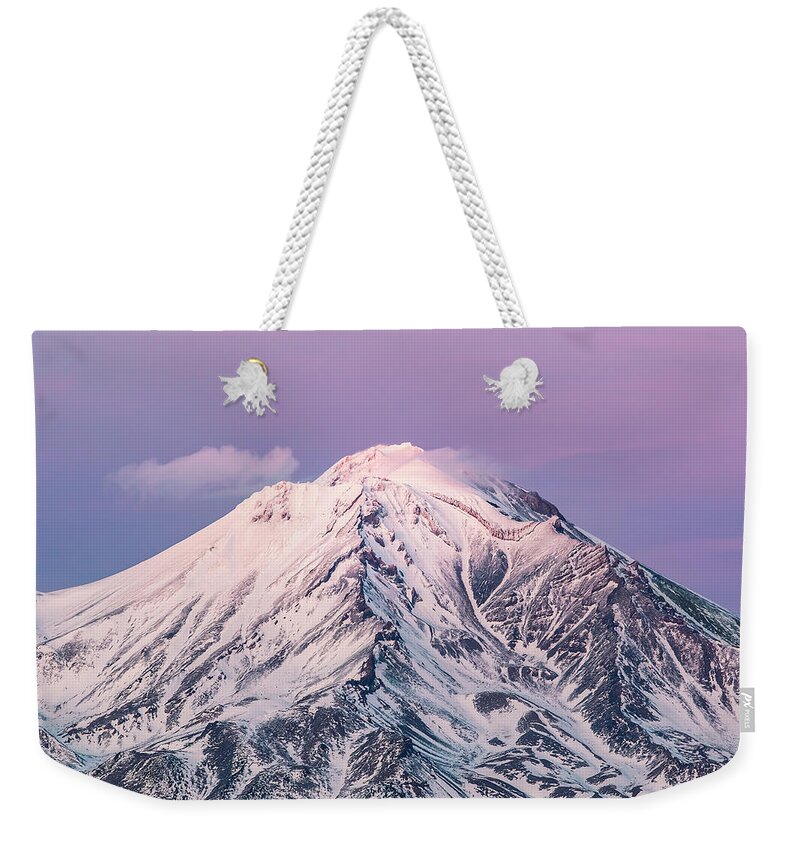 California Weekender Tote Bag featuring the photograph Mt. Shasta Pretty N Pink by Gary Geddes